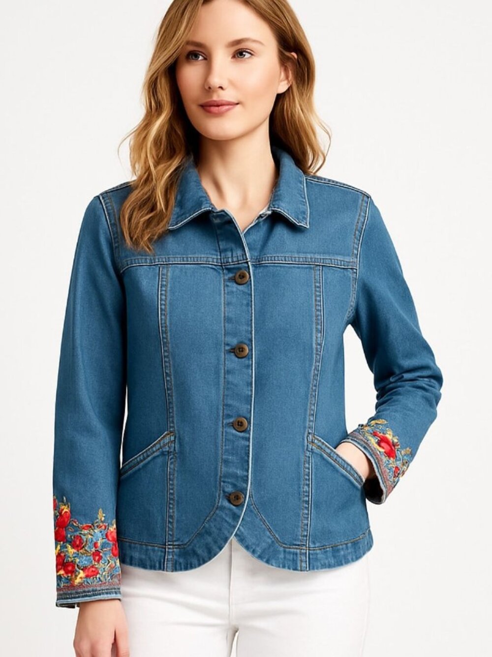 VTG Denim & Co Embroidered Denim Jacket XS Blue Floral Sleeve Cotton Stretch